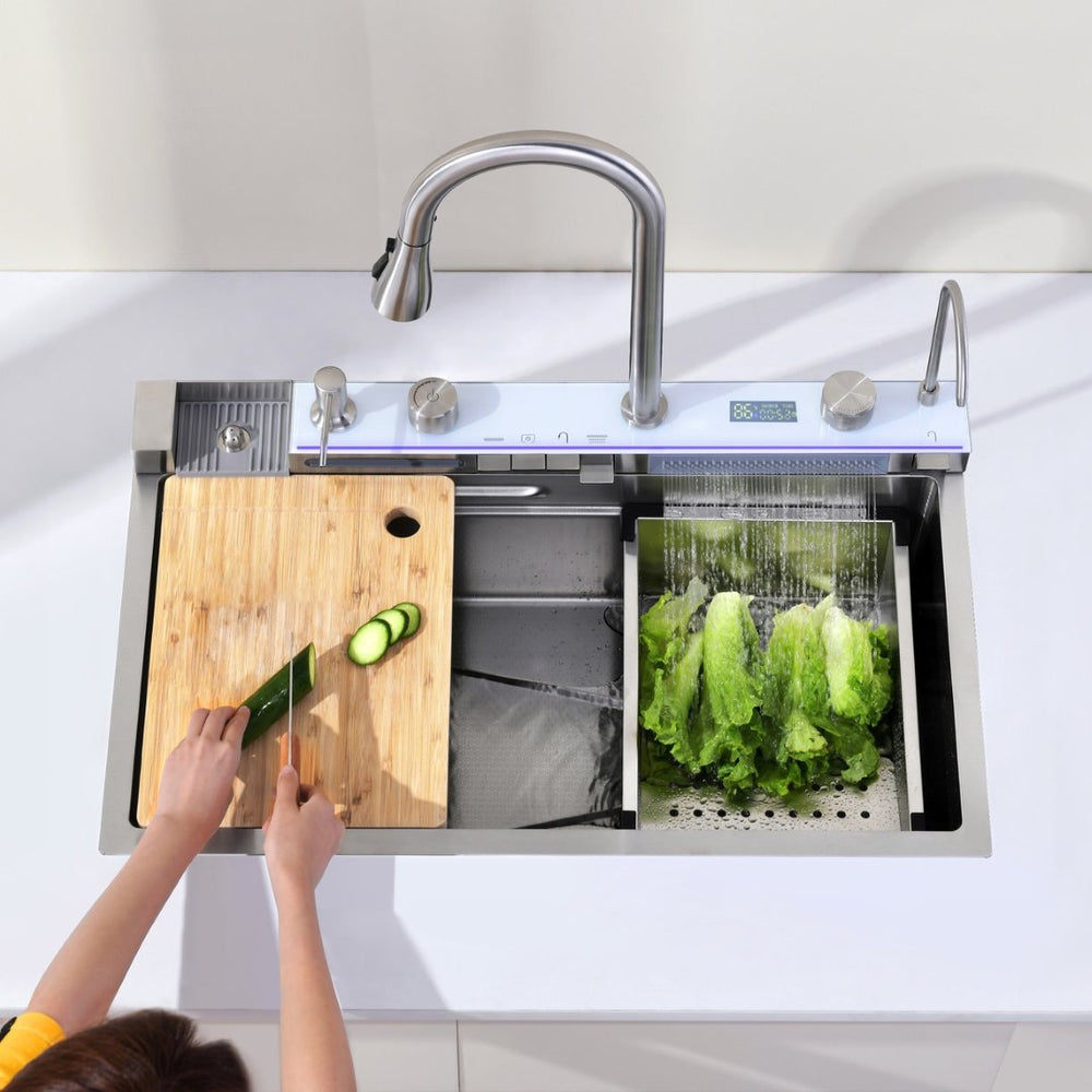 English Elm Pull-out Faucet Stainless Steel Kitchen Sink with Waterfall Spout and Digital Temp Display T3177P370631