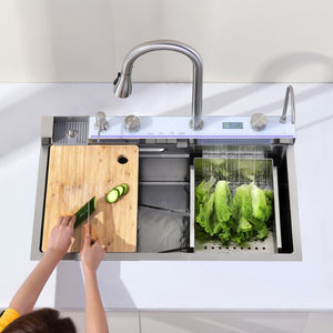 English Elm Pull-out Faucet Stainless Steel Kitchen Sink with Waterfall Spout and Digital Temp Display T3177P370631