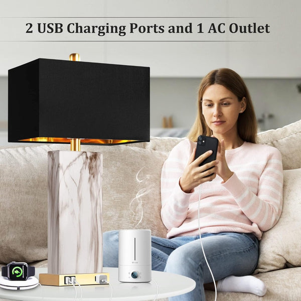 English Elm Touch Dimmable Ceramic Marble Lamp Pair with Usb Charging Gold Black Shade Bedroom W3355P465374