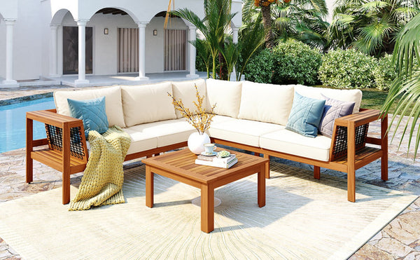 English Elm <old Old Sku Acacia Wood L-shaped Patio Sectional with Woven Rope Armrests Resort Cushioned Set Beige,Teak N704F201249N
