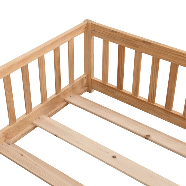 English Elm Twin Pine Wood Floor Bed with Safety Guardrails and Door for Kids Bedroom W495123236