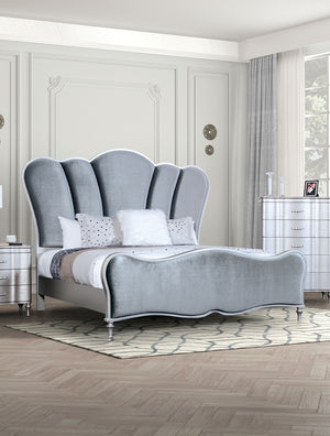 English Elm Lovely Art Deco 3pc Queen Bedroom Set with Light Gray Padded Channel Headboard and Oak Veneer Accents Silver 96 L x 53 W x 6 H B2741S00200