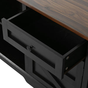 English Elm U-can Farmhouse Wall Unit with Barn Doors Built-in Power Outlets and Open Shelving Black+Brown SJ000154AAB
