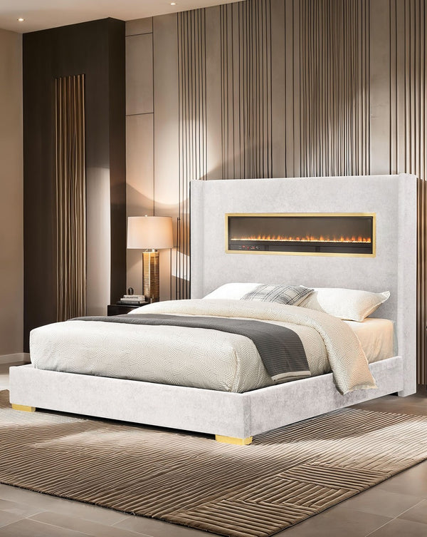 English Elm Contemporary Queen Platform Bed Upholstered Fabric with Fireplace Headboard and Bluetooth Audio White B2741P439943