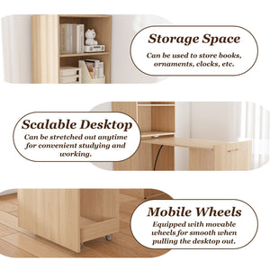 English Elm Stretchable expandable office desk with magnetic fold, lockable casters, adjustable shelves for storage and space-saving Natural Wood W509P355681