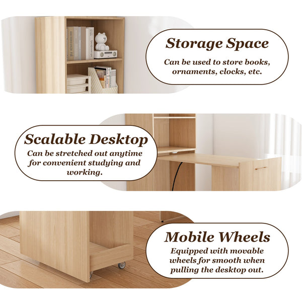 English Elm Stretchable expandable office desk with magnetic fold, lockable casters, adjustable shelves for storage and space-saving Natural Wood W509P355681