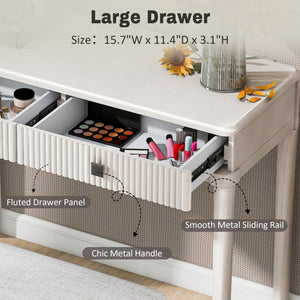 English Elm Modern Vanity Desk with Mirror & Stool, 2 Large Drawers, Fluted Panels, Cushioned Ergonomic Seat, White N844P262898A