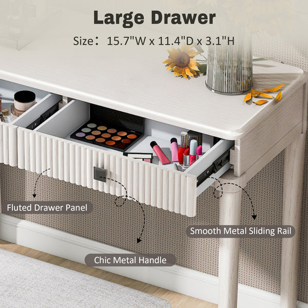 English Elm Modern Vanity Desk with Mirror & Stool, 2 Large Drawers, Fluted Panels, Cushioned Ergonomic Seat, White N844P262898A