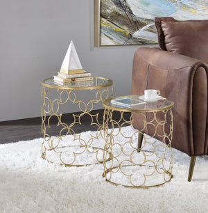 English Elm Flowie Gold Finish Nesting Tables with Clear 5mm Tempered Glass Top, Drum Metal Frame Chic Decor B2726P244958