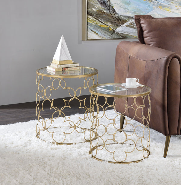 English Elm Flowie Gold Finish Nesting Tables with Clear 5mm Tempered Glass Top, Drum Metal Frame Chic Decor B2726P244958