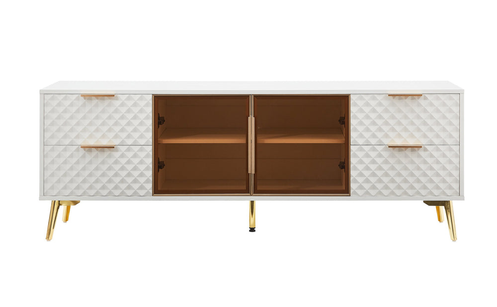 English Elm Deluxe Sculpted Geometric TV Cabinet with Tempered Glass Doors, 4 Drawers, Adjustable Metal Feet, Modern Chic Design White W1162P294819