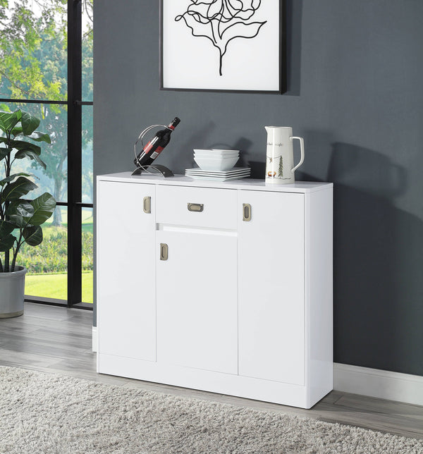 English Elm Pagan White High Gloss Server with Upholstered Seat, 3 Doors, 5 Adjustable Shelves, Sleek Glam Finish B2726P256327