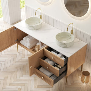 English Elm Munin Freestanding 60 Inch Bathroom Vanity Oak Plywood Cabinet Ceramic Stone Basin W2615S00479