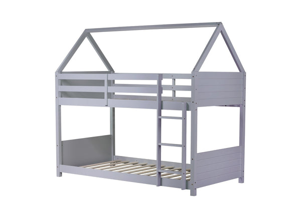 English Elm Twin Over Twin House Floor Bunk Bed With Safety Guardrails, Ladder & Playful Grey Design For Kids W504P314948-GIGA