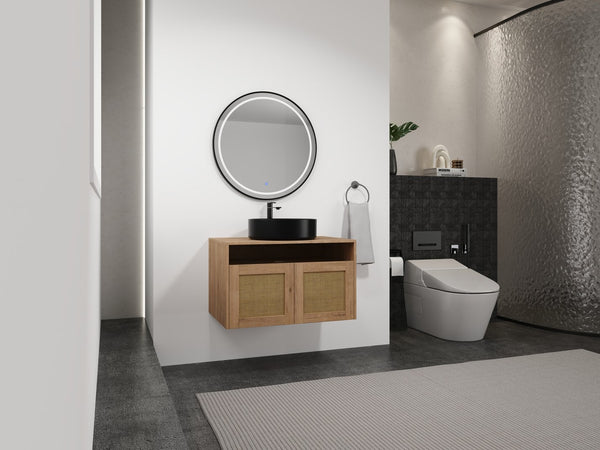 English Elm 30" Modern Wall-Mounted Bathroom Vanity With Black Ceramic Sink, Soft-Close Doors, Oak Finish W999S00398