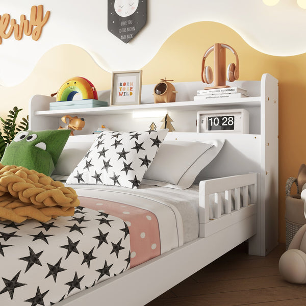 English Elm Full Pine Wood Bed with Bookcase Headboard and LED Motion Sensor Light, Guardrails & Storage Space White W504P277600