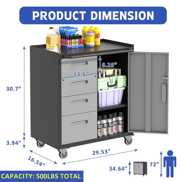English Elm Sturdy Rolling Steel Garage Cabinet with Locking Drawers and Diamond Plate Workshop Storage T2398P222836