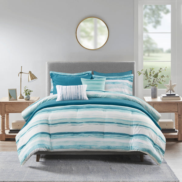 English Elm 8 Piece Seersucker Comforter & Quilt Set - Coastal-Inspired Aqua Bedding Collection For Full/Queen B03597256