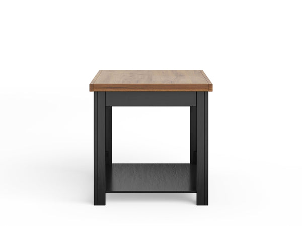 English Elm 24 inch Rustic Farmhouse Side Table Fully Assembled in Black & Whiskey Two-Tone Finish, Shelf Included B108P160148
