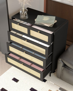 English Elm 4 Drawer Dresser Black - Modern Rattan-Front Chest with Wide Metal-Handle Drawers, Durable MDF Storage W2227P144261