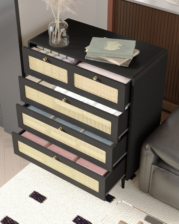 English Elm 4 Drawer Dresser Black - Modern Rattan-Front Chest with Wide Metal-Handle Drawers, Durable MDF Storage W2227P144261