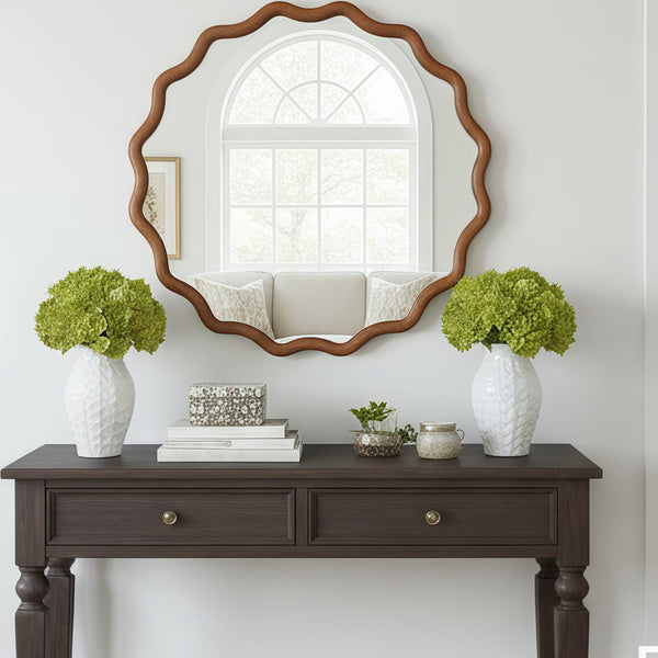 English Elm Yellowish Wavy 30" Round Solid Wood Frame Mirror with Tempered Glass — Rustic Elegant Vanity Accent W2203P389076