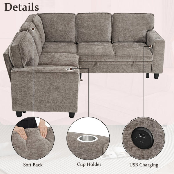 English Elm L-shaped Chenille Sectional Sleeper Sofa with Storage and Usb Charging Ports Light Brown W1998S00089