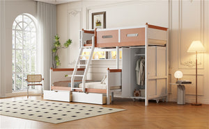 English Elm Twin Over Full Wooden Bunk Bed With Stylish Storage, Led Light, Drawers, And Wardrobe In White & Orange N820S00063K-GIGA