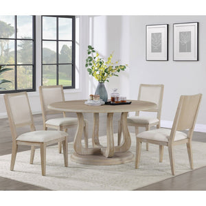English Elm Rodota Round Pedestal Dining Set Whitewash Rubberwood Table Four Upholstered Chairs B062S01772