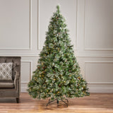 Christopher Knight Home® - Noble House - 7-foot Cashmere Pine Pre-Lit Clear LED Artificial Christmas Tree with Snowy Branches and Pinecones