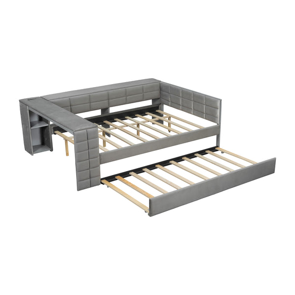 English Elm Full Size Upholstered Platform Bed With Trundle, Charging Station, And Smart Storage In Gray Velvet N7090000604E