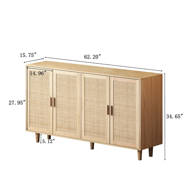 English Elm 62.20"Elegant 4-Door Rattan Storage Cabinet with Solid Wood Legs, Spacious Shelves & Easy Assembly Natural W757P190066