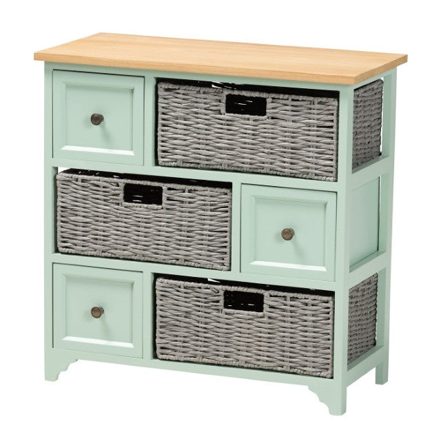 Baxton Studio Baxton Studio Valtina Modern Oak Brown & Mint Green 3-Drawer Storage Unit with Woven Baskets! FZC20119-Cabinet