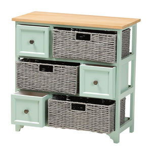 Baxton Studio Baxton Studio Valtina Modern Oak Brown & Mint Green 3-Drawer Storage Unit with Woven Baskets! FZC20119-Cabinet