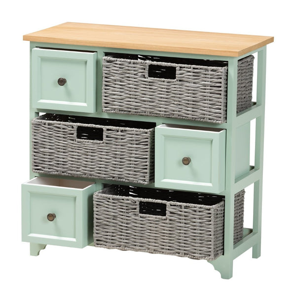 Baxton Studio Baxton Studio Valtina Modern Oak Brown & Mint Green 3-Drawer Storage Unit with Woven Baskets! FZC20119-Cabinet