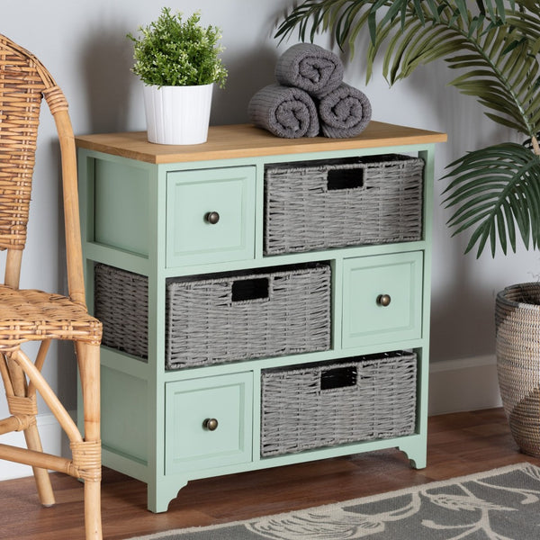Baxton Studio Baxton Studio Valtina Modern Oak Brown & Mint Green 3-Drawer Storage Unit with Woven Baskets! FZC20119-Cabinet