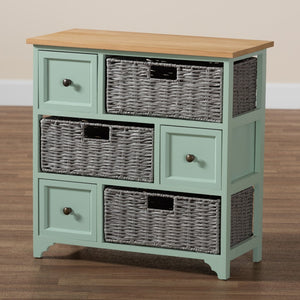 Baxton Studio Baxton Studio Valtina Modern Oak Brown & Mint Green 3-Drawer Storage Unit with Woven Baskets! FZC20119-Cabinet