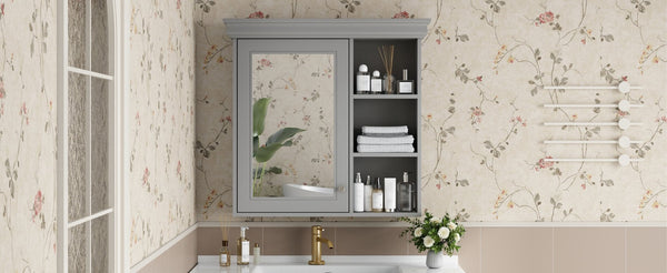 English Elm 30'' Wall Mount Bathroom Cabinet with Mirror Soft Close Door and Adjustable Shelf Gray N710P209425E