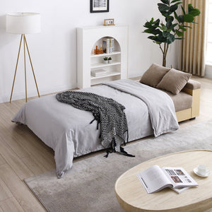 English Elm Convertible Sleeper Sofa with Reversible Armrest, Storage Ottoman, Drop-Down Table & Dual Cup Holders for Living Room Comfort Light Brown W2677S00024