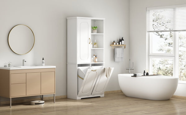 English Elm [video] Freestanding 68 Inch Tall Storage Cabinet with Tilt Out Hampers and Soft Close Door White N759S427900K