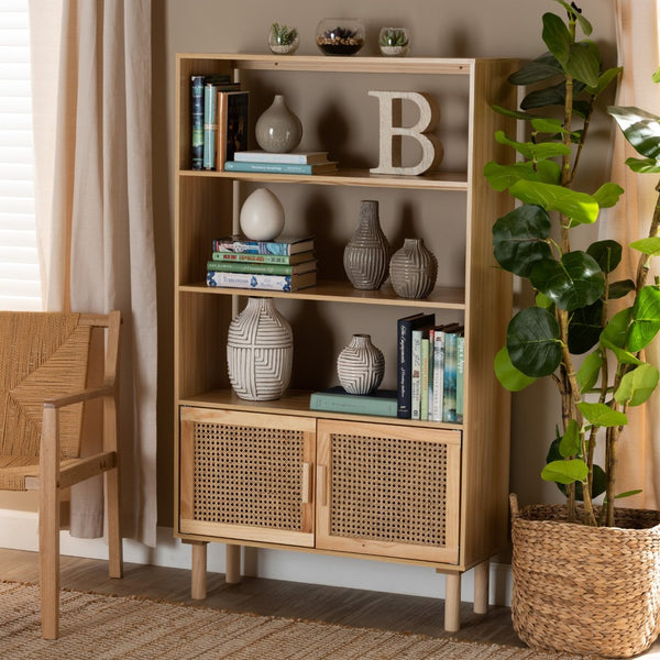 Baxton Studio Baxton Studio Faulkner Mid-Century Modern Bookcase with Rattan Accents for Stylish Storage Solutions FM203-034-Natural Wooden-Bookcase