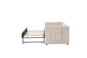 English Elm Twin Velvet Upholstered Daybed with Trundle, V-Pattern Backrest, USB Port, Side Pockets, Sturdy Design Beige W1361S00041