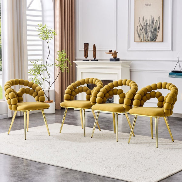 English Elm Set of 4 Sculptural Bubble Backrest Velvet Dining Chairs with Glamorous Metal Legs Gold,Yellow W3875P370847
