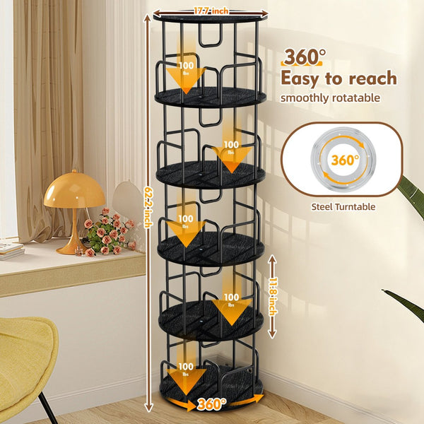 English Elm Rotating 5 Tier Spinning Bookcase Tower Slim 360 Degree Turntable Metal Frame Organizer Black W3166P367342