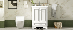 English Elm 24'' Bathroom Vanity with Ceramic Sink Combo Modern Freestanding MDF Cabinet with Soft-Close Doors and Sleek Silver Handles for Spacious Organized Bathroom Storage White N710P194893K