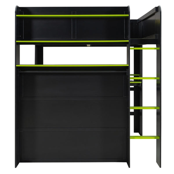 English Elm Full Size Gaming Bunk Bed with Rgb Lighting Integrated Desk Wardrobe and Storage Green LT100266AAG