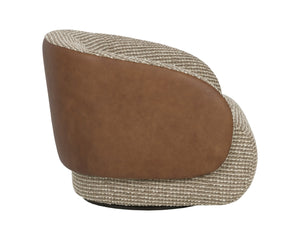 Sunpan CAMIE Swivel Lounge Chair - Luxurious Torched Meringue Fabric & Cognac Leather for Modern Elegance 112768