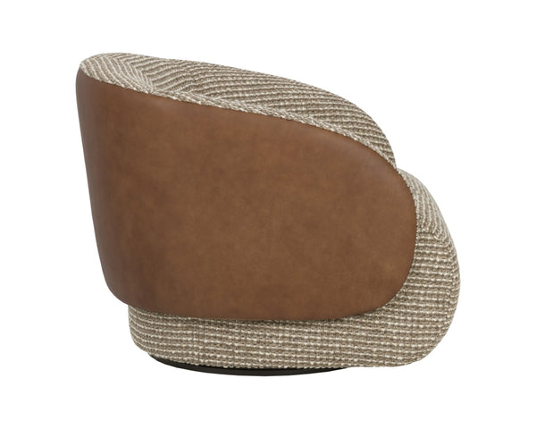 Sunpan CAMIE Swivel Lounge Chair - Luxurious Torched Meringue Fabric & Cognac Leather for Modern Elegance 112768