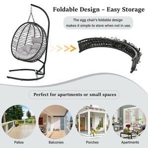 English Elm U_style Wicker Hanging Egg Chair with Stand Hdpe Cocoon Swing for Balcony Garden Black+ Gray N711P389503E