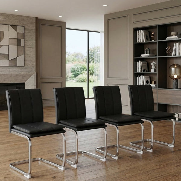 English Elm Modern Pu Leather Cantilever Dining Chairs Set of 4 with Steel Arc Frame for Kitchen Black And Silver W5123P454214